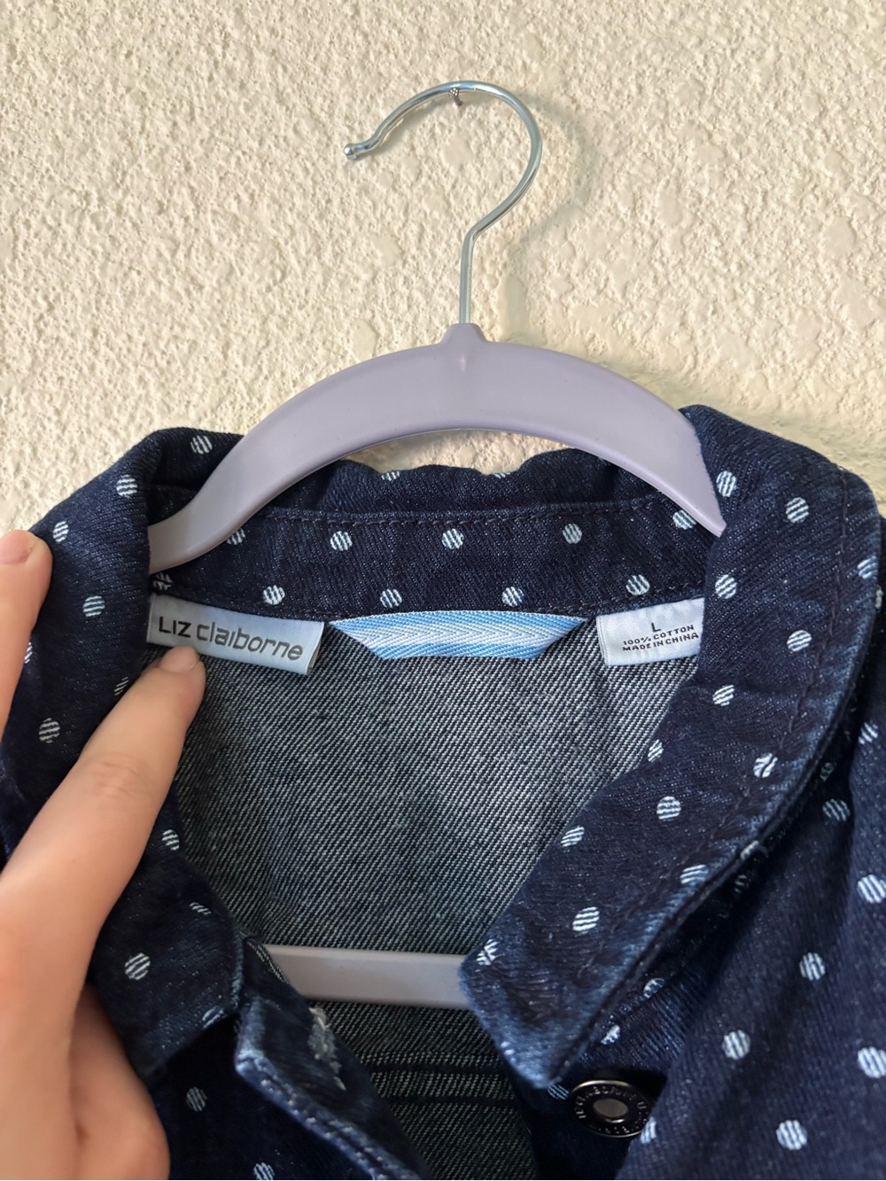 Womens Liz Claiborne Dark Denim Jacket Polka Dot Button-Up Size Large - Picture 7 of 8